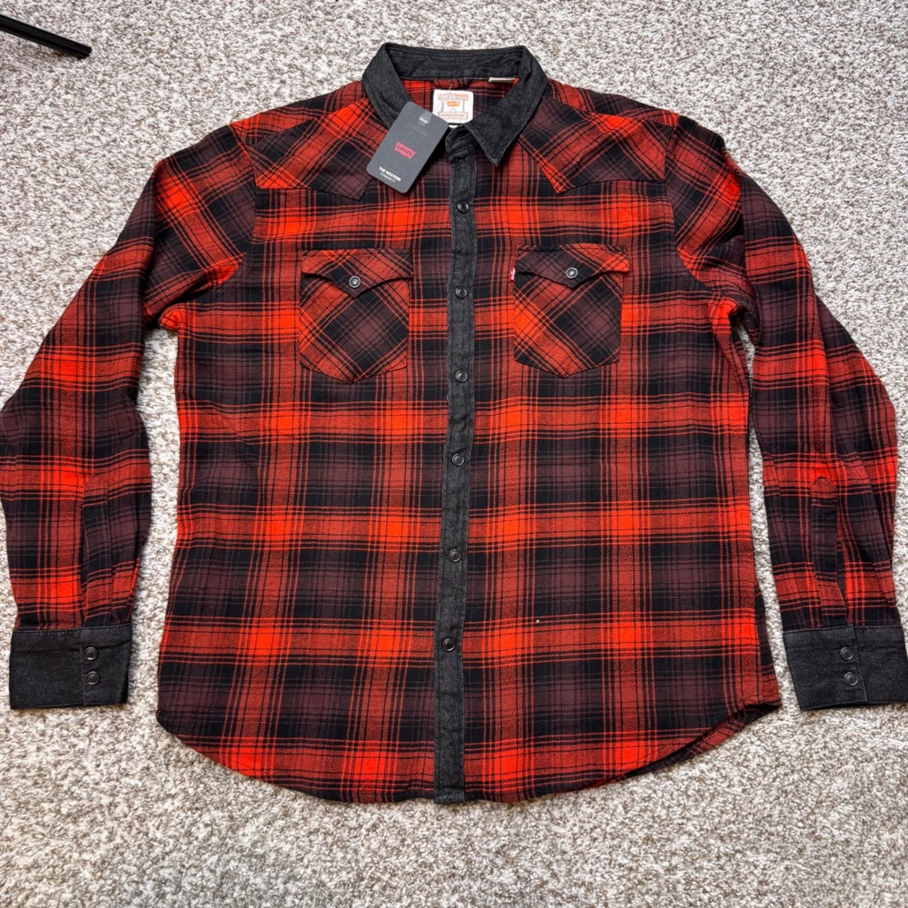 Levi Strauss Large Red Black Plaid Western Standard Fit Flannel Shirt Pearl Snap - Picture 2 of 7